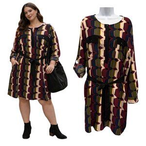 Metaphor Retro Henley Shirt Dress Tie Waist Abstract Print Boho Chic Plus Sz 18